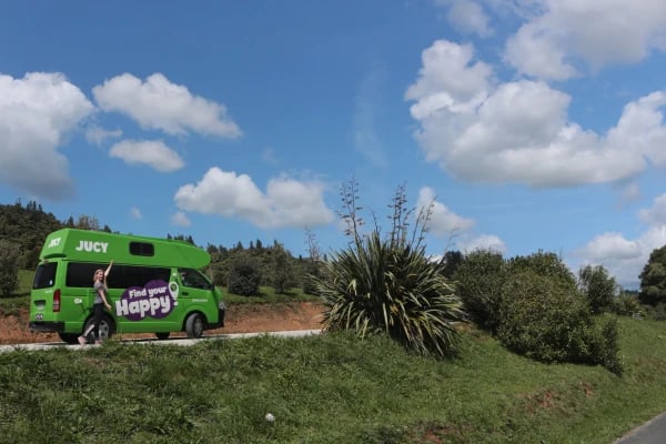 Condo Campervan Parked on road with grass slope and shrubs beside