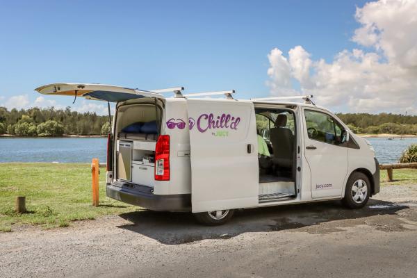 Chill'd Malibu Campervan hire parked next to river