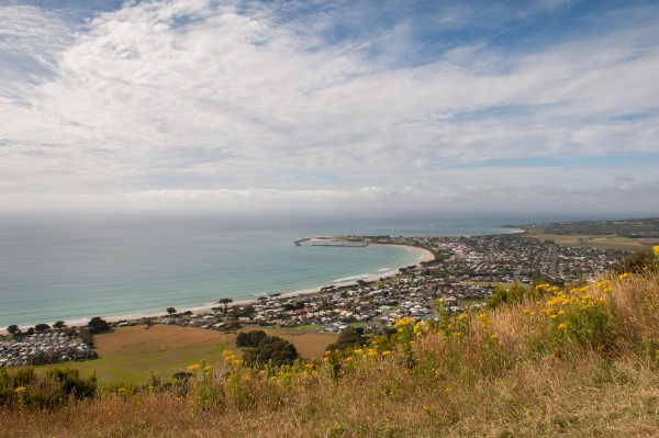 Apollo Bay beach and township viewed from the Otway Ranges Great Ocean Road