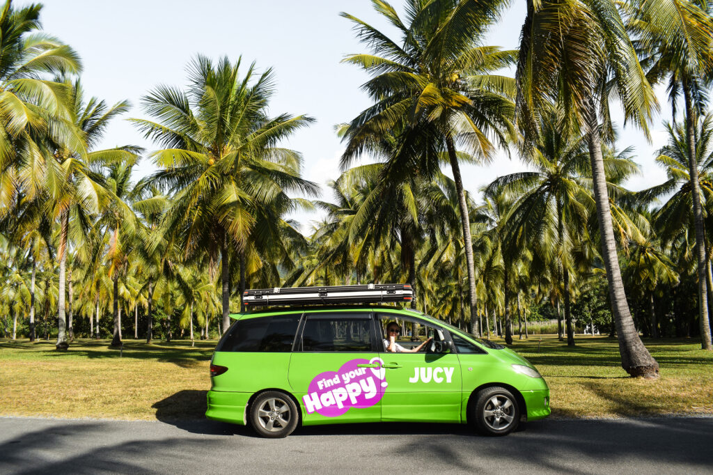 JUCY Crib Plus Campervan Hire Amongst Palm Trees