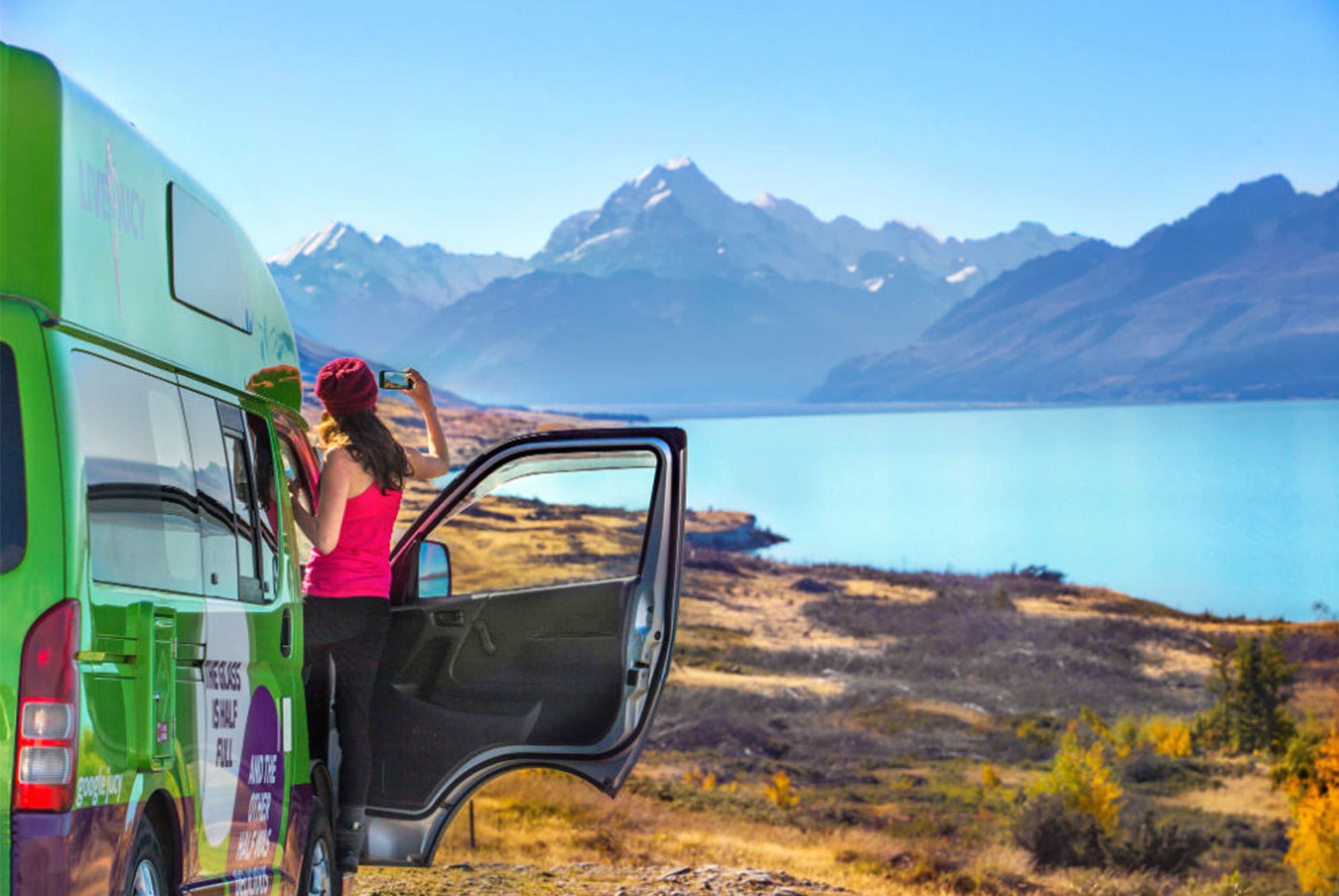 Lady in van taking picture scene