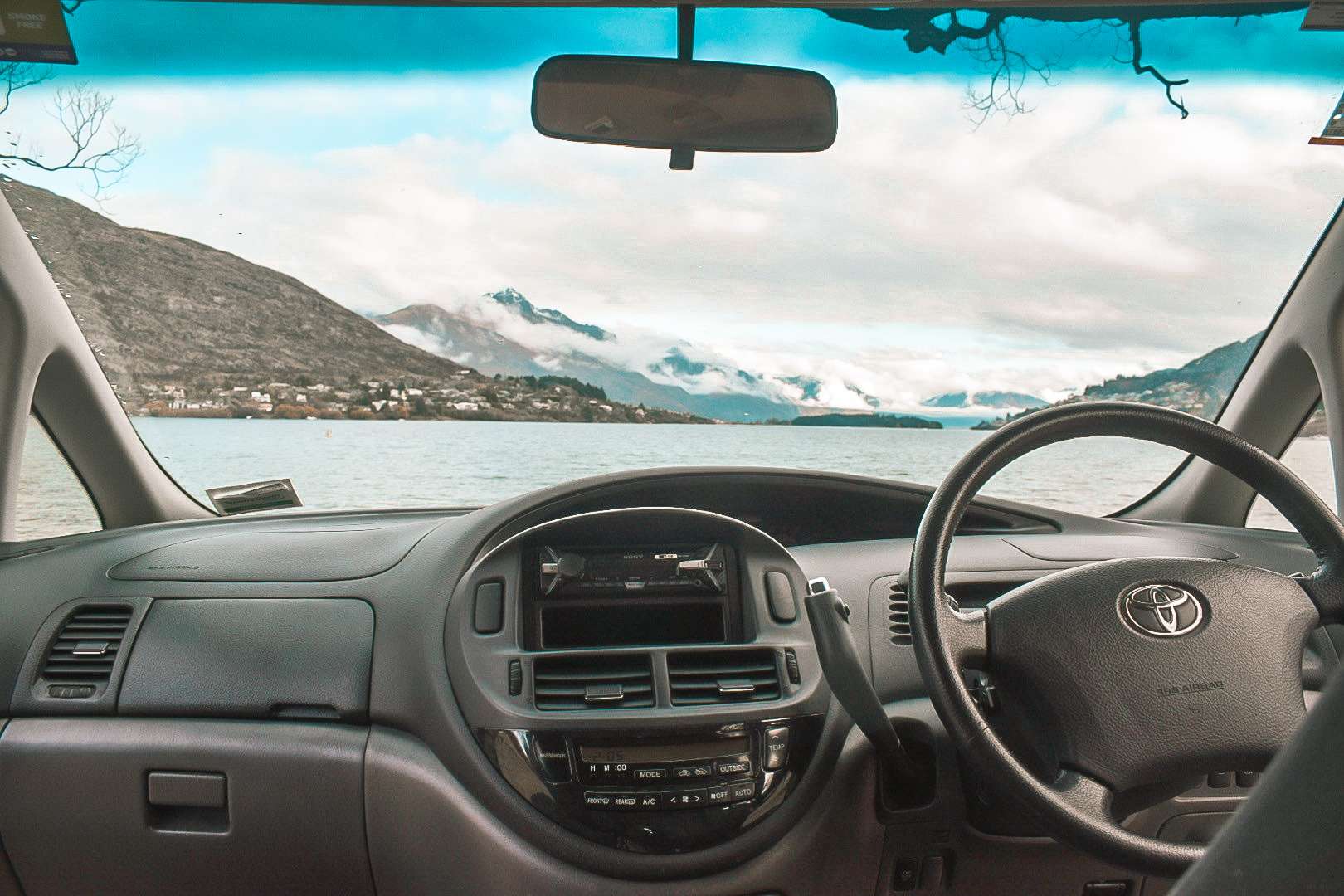Photo from drivers cabin of the Chill'd Cloudbreak looking out onto an NZ lake