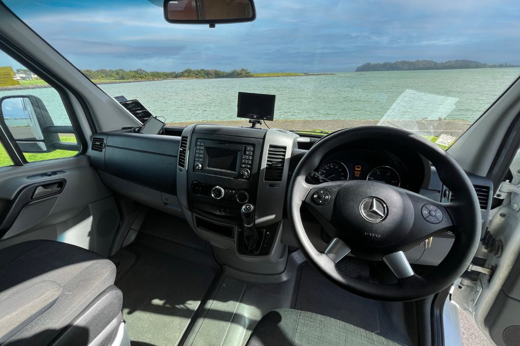 Driver comforts - Automatic transmission, cruise control, Bluetooth, USB ports, and interior lighting. Connects to 240V mains at campgrounds.