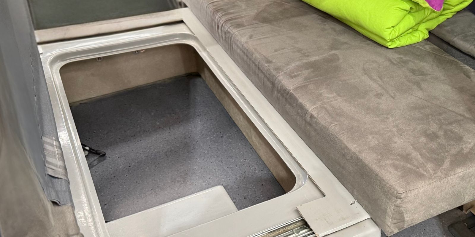 Storage - Storage space underneath bench seats. Soft bags fit best!
Storage - Storage space underneath bench seats. Soft bags fit best!