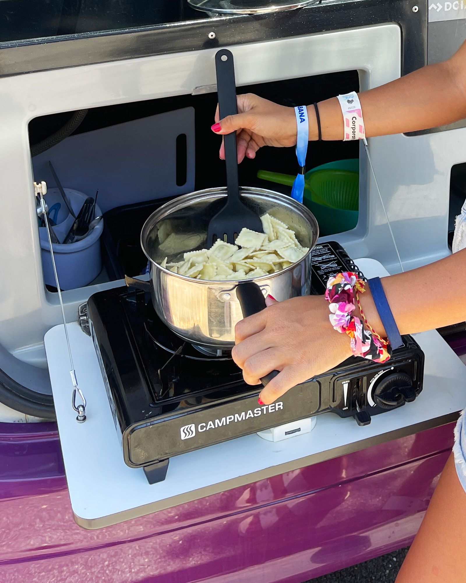 Gas cooker - Whip up tasty meals on the road with the portable dual-burner camping stove using gas cartridge refills. 